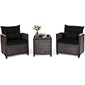 Tangkula 3 Pieces Patio Furniture Set, PE Rattan Wicker 3 Pcs Outdoor Sofa Set w/Washable Cushion and Tempered Glass Tabletop, Conversation Furniture for Garden Poolside Balcony (Black)