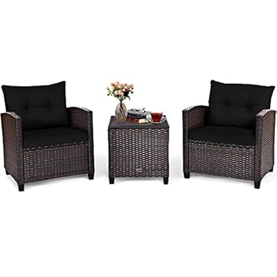 Tangkula 3 Pieces Patio Furniture Set, PE Rattan Wicker 3 Pcs Outdoor Sofa Set w/Washable Cushion and Tempered Glass Tabletop, Conversation Furniture for Garden Poolside Balcony (Black)