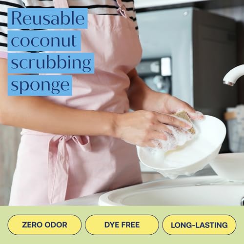 Image of FABTAB Cocofiber Kitchen Sponges - Pack of 6 Biodegradable Compostable Cellulose and Coconut Scrubber Sponges - Eco-Friendly Dish Cleaning Sponges