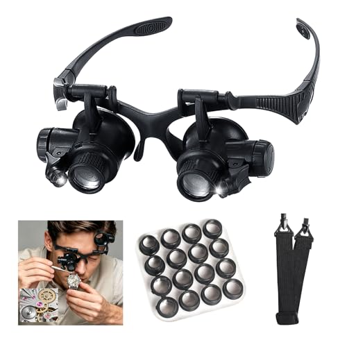 mlogiroa Head Mount Magnifying Glass with LED Light, Jewelers Loupe Magnifier with 8 Interchangeable Lens 2.5X/4X/6X/8X/10X/15X/ 20X/25X for Close Work/Electronics/Eyelash/Crafts/Jewelry/Repair