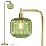 QiMH Glass Floor Lamp for Living Room, Modern Standing Lamp with Ribbed Glass Lampshade Pedal Switch, 67” Tall Lamp for Bedroom Study Room, Brushed Gold (2700K LED Bulb Included)