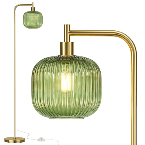 QiMH Glass Floor Lamp for Living Room, Modern Standing Lamp with Ribbed Glass Lampshade Pedal Switch, 67” Tall Lamp for Bedroom Study Room, Brushed Gold (2700K LED Bulb Included)