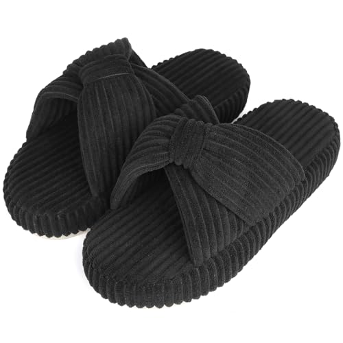 WUYISTAR Damen Hausschuhe Damen Memory Foam Hausschuhe Gemütlich Cord Schleife Kreuzbänder Hausschuhe Offene Zehe Innen Außen Schuhe Rutschen Schwarz 42-43 EU