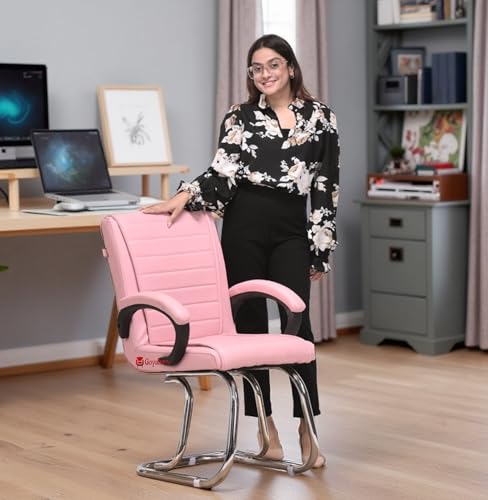 Image of GOYALSON Home Exclusive Visitor Study Reception Chair with Arm Rest and Heavy Frame with Cushioned Seat Back Chair (1, Pink, Double Pipe Chrome Frame)
