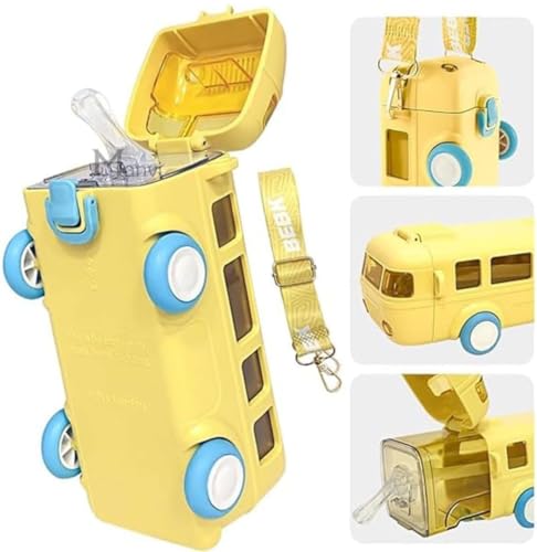 Image of ABS Bus Water Bottle For Kids With Strap, Sipper, & Straw|Leakproof, Bpa Free With Sipper and Lock, 500 Ml| Car Water Bottle For Kids|Cute Bus Shaped Water Bottle For Kids (YELLOW)