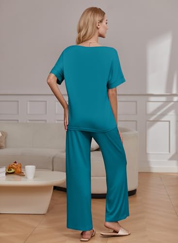 Image of Ekouaer Pajama Sets for Women 2 Piece Lounge Set Short Sleeve Tops and Long Pants Soft Comfy Pjs Sleepwear Outfits S-XXL