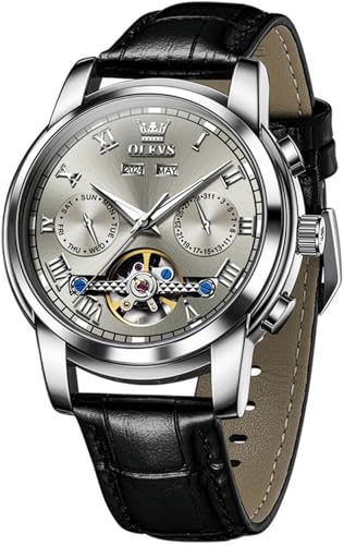 Image of OLEVS Mechanical Dress Mens Watches Square Brown Leather Strap Moon Phase Skeleton Tourbillion Day Date Waterproof Luminous Men's Wrist Watches