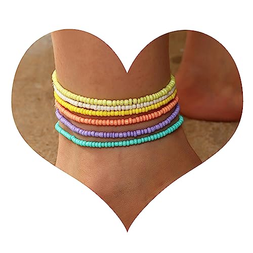 Decentraland 6 Pcs Böhmische Fußkettchen Armband, handgemachte Perlen Sommer Fußkettchen Armband Elastischer Faden Fußkettchen Bunte mehrschichtige Perlen Elastischer Fußschmuck für Frauen Mädchen