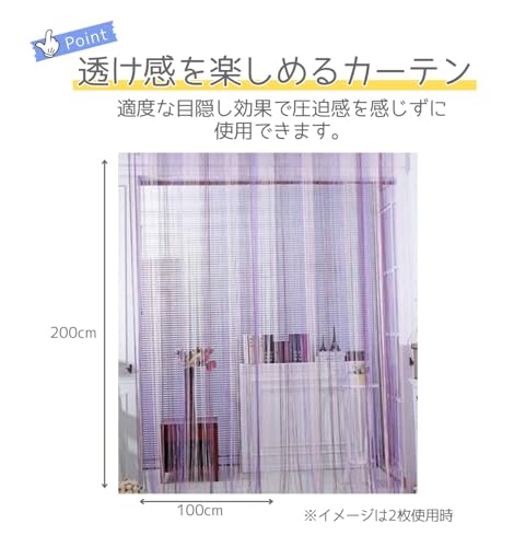 ひものれん 紐のれん ストリングカーテン 100x200 2枚 ラインカーテン 目隠し 紐カーテン (3.パープル)