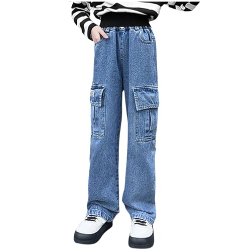 Girls Jeans, Baggy Jeans for Girls Wide Leg Ripped Elastic Waist Patchwork Denim Pants Y2K Teen Streetwear 4-15Y