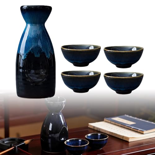 GOEDCH Ensemble de saké japonais traditionnel : ensemble de vin de riz bleu pour le style japonais Contient 4 gobelets à saké et 1 pot à saké, ensemble de saké...