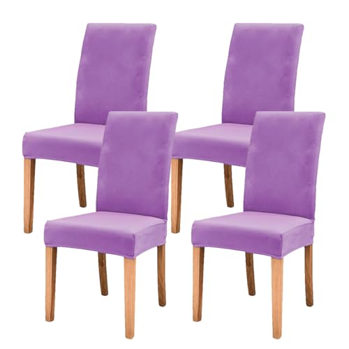 Fundas elásticas de terciopelo para sillas de comedor, fundas suaves para cocina, banquete, hotel y decoración del hogar, juego de 4 unidades, color morado claro, protectores de asiento elegantes y