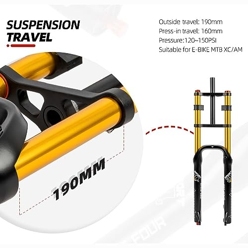 HIMALO 26'' Bike Fat Fork Downhill Bike Air Suspension Fork Travel 160mm Straight Double Shoulder Fork Rebound Adjustable Manual Lock QR 9x135mm,max for 4.0'' Tire(Gold) - Thumbnail 3