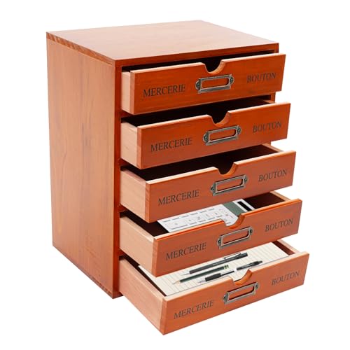 DAHAD Organizador de escritorio, organizador de escritorio de oficina en casa con 5 cajones, caja de almacenamiento de madera vintage, cómoda de madera para oficina, estudio, dormitorio, tocador, 25 x
