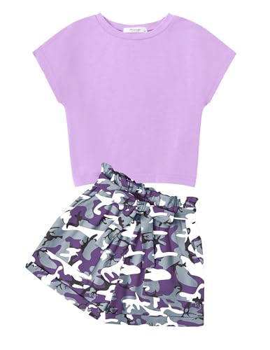 Image of Arshiner Girls 2 Piece Outfit Summer Drop Shoulder Batwing Sleeve Tops and Paperbag Waist Shorts Set Cute Clothing Size 6-14
