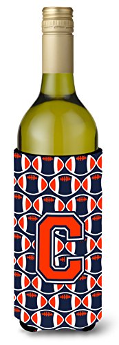 Caroline's Treasures CJ1066-CLITERK Letter C Football Orange, Blue and white Wine Bottle Hugger Bottle Cooler Sleeve Hugger Machine Washable Collapsible Insulator Beverage Insulated Holder