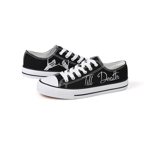 Foncad Personalized Hand-Painted “Till Death” Canvas Sneakers – Custom Skeleton Design Shoes with Name & Date, Handmade Gothic Punk Low Top Couple Shoes, Wedding Black