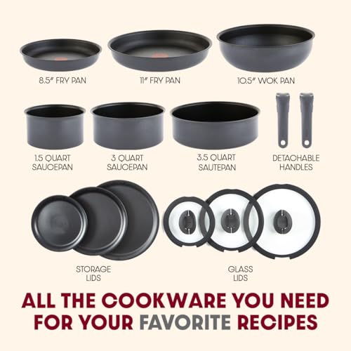 Image of T-fal Ingenio Expertise Non Stick Cookware Set 14 Piece, Induction, Oven Broiler Safe 500F, Detachable /Removable Handle, Kitchen, Cookware, Pots and Pans, RV, Camping, Fry Pans, Dishwasher Safe, Gray
