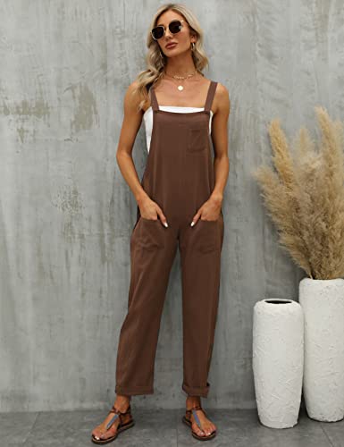 Gihuo Women's Casual Baggy Loose Cotton Linen Overalls Jumpsuit（Brown-S） #TOP4