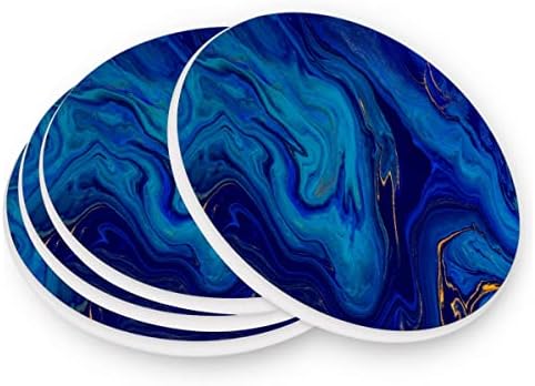 Vnurnrn Dark Blue Marble Glod Glitter Stone Art Coasters for Drinks Set of 2 Absorbent Moisture Absorbing Ceramic Stone Round Coaster with Cork Base