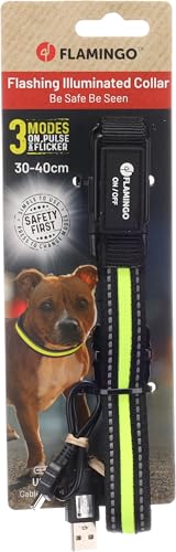 Halsband Hund - hundehalsband - Flamingo Flitzy Nylon mit LED Schwarz & Gelb S | 30-40cm x 20mm x 5mm
