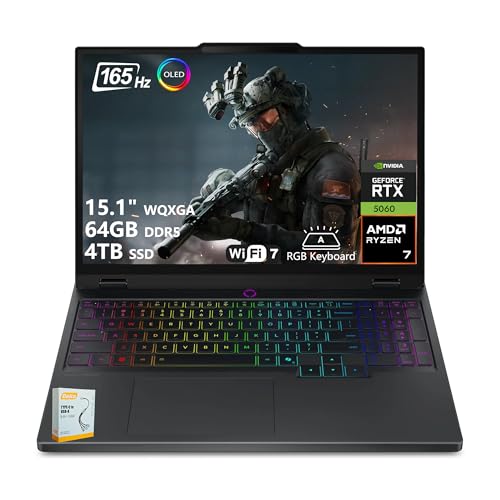 Image of Lenovo Legion 5 AI-Powered Gaming Laptop | 15.1 inch WQXGA OLED 165Hz | AMD Ryzen 7 260 | 64GB DDR5 4TB SSD | GeForce RTX 5060 8GB (Up to 572 AI Tops) | RGB Backlit Wi-Fi 7 Win11 w /DLCA Accessory