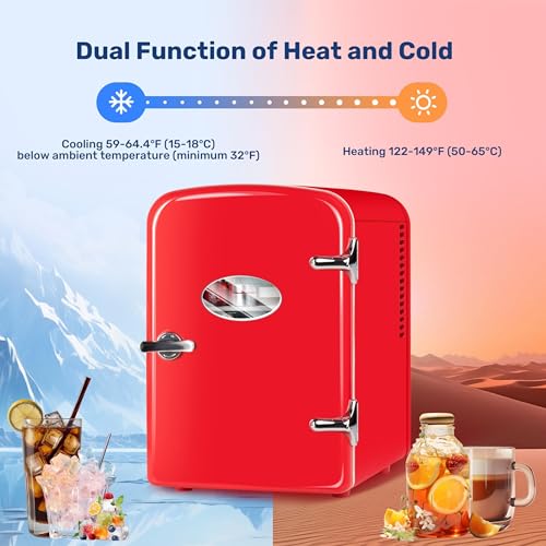 Image of Simple Deluxe Mini Fridge with Observation Window 6 Can Portable Cooler & Warmer Freon-Free Small Refrigerator, Compact Fridge for Skincare, Beverage, 4L with Window, Red