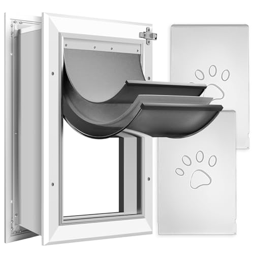 [Petoasis] 3-Flaps Heavy-Duty Dog Door for Wall, Rust Proof Aluminum Alloy Frame, Extreme Weather Dog Door Can Block Wind, Snow, and Rainwater Intrusion (Silvery White, Large for Wall)