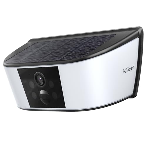 ieGeek Camara Vigilancia WiFi Exterior Solar, Camara Solar Inalámbrica con Luz con Pared, 3MP, luz activada por Movimiento，Vision Nocturna Color, Deteccion PIR/AI, IP65, Compatible con Alexa,S4