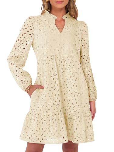 Caracilia Womens Dresses Long Sleeve V Neck Eyelet Hollow Out Fall Casual Flowy Swing...
