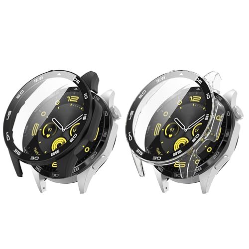 FitTurn Hard PC Case with Tempered Glass Screen Protector Built-in Scale Compatible with Huawei Watch GT4 Cases (46mm) Smartwatch, Ultra-Thin Scratch Resistant Cover (Black,Clear)