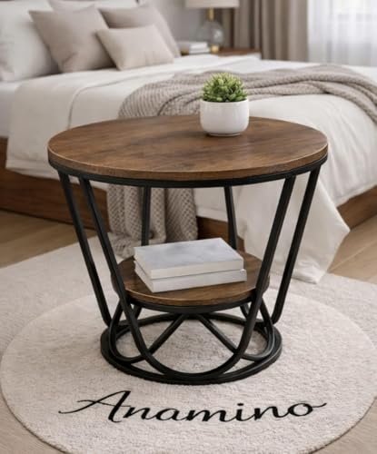 Image of Multi-Purpose Round Coffee Table Marble Look Sofa Tea Table 2-Tier Compact Center Table with Open Shelf Storage for Living Room Bedroom (Black Walnut)