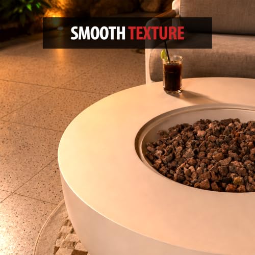 Image of AMS Creations | Eclipse 44 inch Bundle Round Cast Concrete Propane Gas Fire Pit Bowl Table | Cream White | Smooth Texture Surface | Electronic Ignition | Outdoor Patio Heater Outside Backyard Fireplace