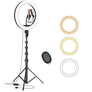 12” Selfie Ring Light with 63” Adjustable Tripod Stand and Phone Holder, LED Dimmable Ringlight with Remote, for Live…