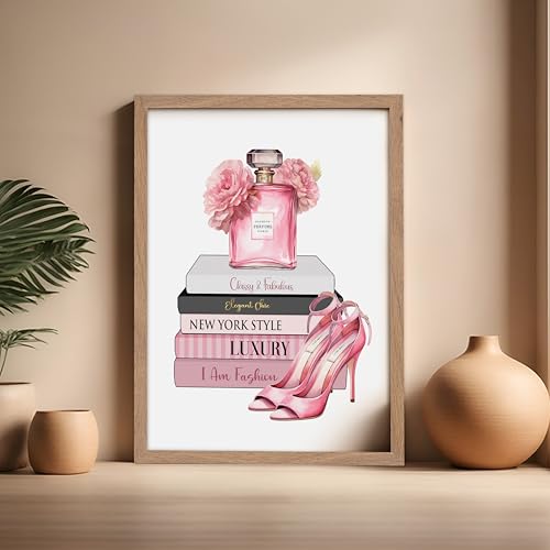 Image of Poster Master Fashion Print - Pink Designer Poster - Shoes & Perfume Art - Chic Gift for Her & Fashionista - Luxury Haute Couture Decor for Bedroom or Girl's Room - 16x20 Beige Framed