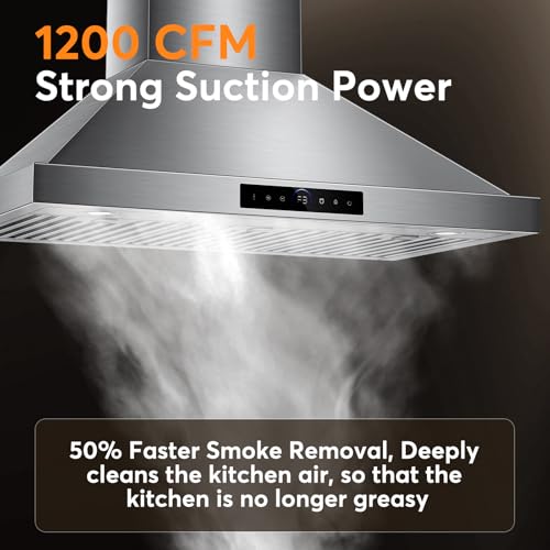 Image of 36 Inch Wall Mount Range Hood 1200 CFM, 4 Speed Remote Control Kitchen Wall Mount Range Hood with Motion Sensor & Adjustable LED Lighting Ducted /Ductless Convertible Pro Series