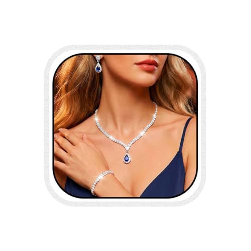 Image of Reaky Bridal Jewelry Sets Silver Rhinestone Necklaces Crystal Necklace Jewelry Wedding Accessories for Women (Blue)