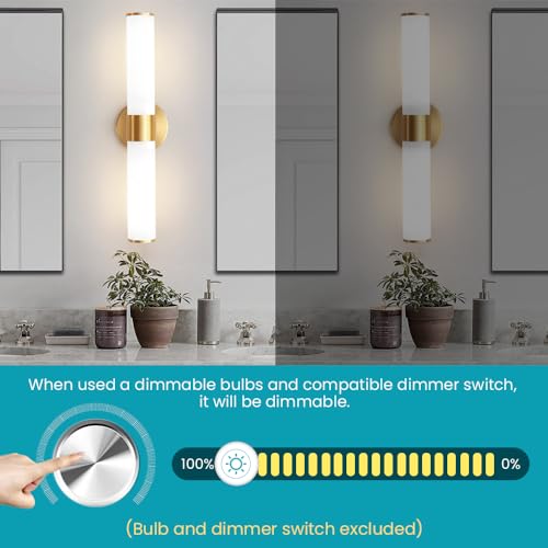 Image of Gold Bathroom Light Fixtures, Vanity Lights for Mirror with Milk Glass Shade, 20 Inch Up and Down Wall Sconces for Bathroom Bedroom Living Room Hallway - Bulb Not Included