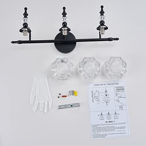 Zilanl Vintage Bathroom Vanity Light Fixture, 3 Lights Bathroom Lighting Painted Black Surface With Thick Crystal Glass Shade, Vintage Vanity Light For Bathroom #TOP5