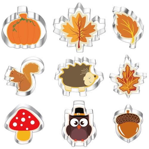 9 piezas Cortadores de galletas de otoño Cortadores de galletas de acero inoxidable Cortadores de galletas DIY Hoja de arce Hoja de roble Ardilla Bellota Cortadores de galletas de calabaza