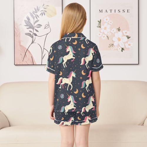 ALAZA Cute Unicorn Cosmic Moon Satin Pajamas Set Short Sleeve Button Down Sleepwear Summer Pjs 2 Piece4