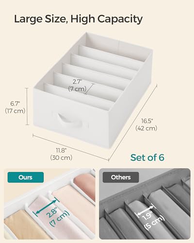 Image of SONGMICS Set of 6 Large Size Wardrobe Clothes Organizers, Cloud White | 6-Compartment Foldable Drawer Organizers with Handles, 16.5 x 11.8 x 6.7 Inches, for Pants, Sweaters, Jeans URUS009W03