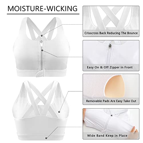 Cordaw Women Sports Bra Zipper Front Criss Cross Strappy Back Medium Impact Supportive Zip Up Bra, White X-Large #TOP5