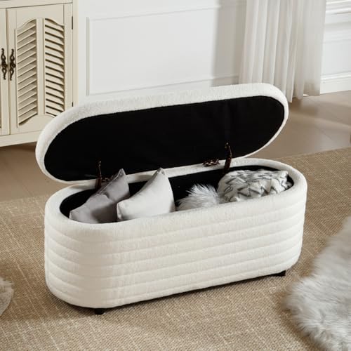 Ya-Home Sitzbank mit Stauraum, Moderne Sitztruhe aus Teddystoff Polsterbank als Bettbank mit Stauraum, Aufbewahrungsbox für Schlafzimmer, Flur, Wohnzimmer, Weiß