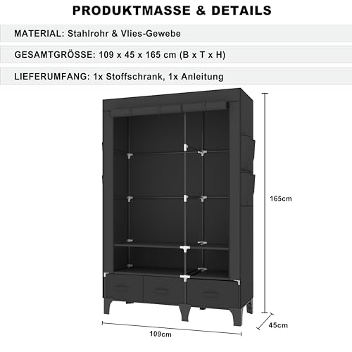 OPPAIYA Stoffschrank Kleiderschrank Stabil, 109cm Breit, Faltschrank mit 2 Kleiderstangen & Schubladen, Großer Textilschrank für Schlafzimmer, Garderobe Schwarz, 109x45x165 cm