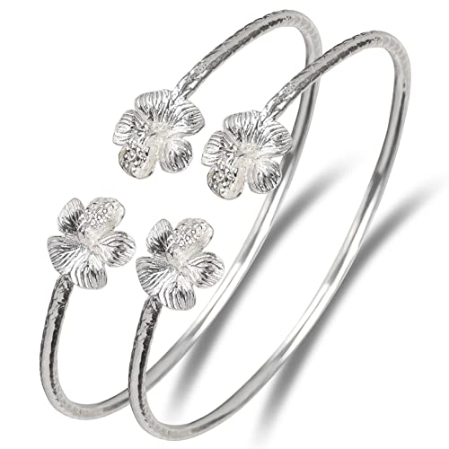 Flower Hibiscus Ends .925 Sterling Silver West Indian Bangles, 1 pair
