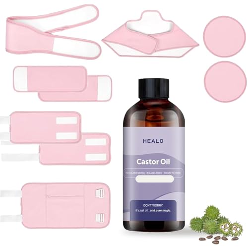 Healo Castor Oil Pack Wrap Castor Oil Pack Wrap Kit - 3.38 Oz with Reusable Wraps - For Stomach Neck and Entire Body with Adjustable Elastic Straps (Pink 9PCS 100ML)