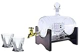 Whiskey Decanter with Ship Inside – Large 40 Ounce Barrel Liquor Dispenser Set with Wooden Stand, Bar Funnel, and 2 Diamond Glasses – Elegant Liquor Decanter for Home Bars