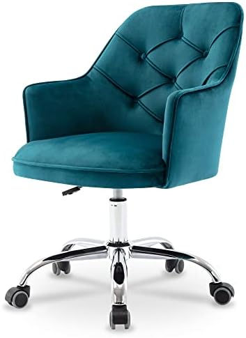 HOMEFUN Velvet Desk, Chair Cute Vanity Chair Upholstered Swivel Rolling Task Chair Girls Home Office Chair Height Adjustable for Bedroom Living Room, Teal