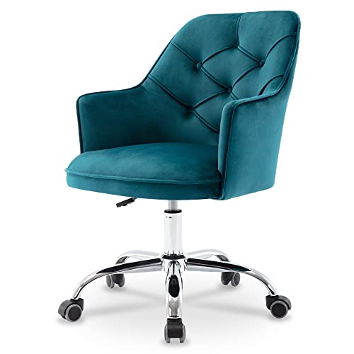 Homefun Velvet Desk, Chair Cute Vanity Chair Upholstered Swivel Rolling Task Chair Girls Home Office Chair Height Adjustable For Bedroom Living Room, Teal #TOP12